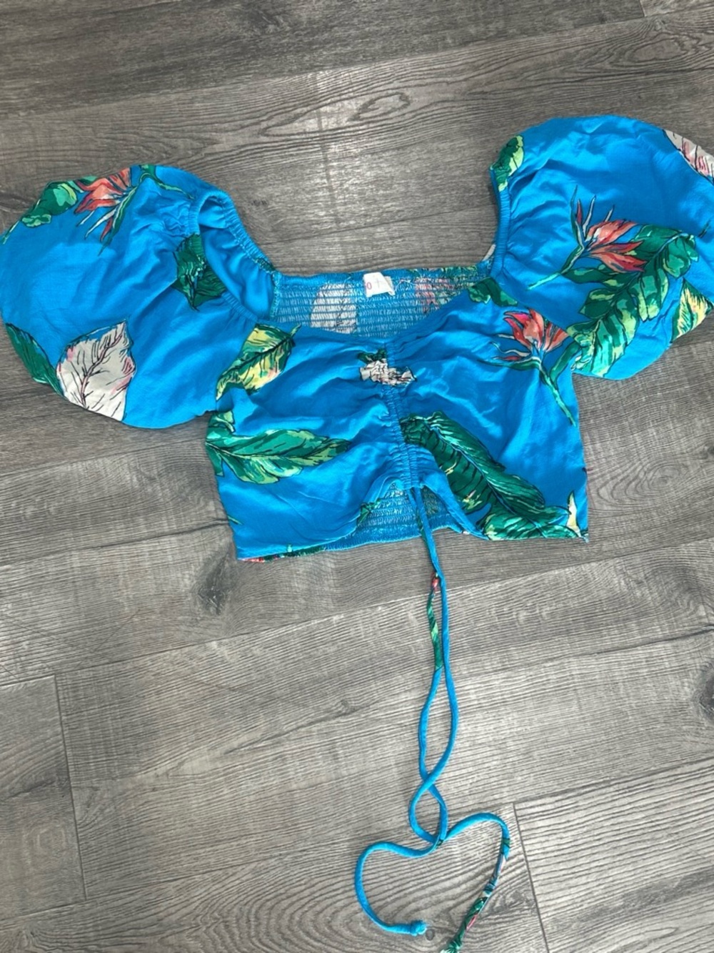 Woman’s Blue Tropical Puff-Sleeve Swim Top